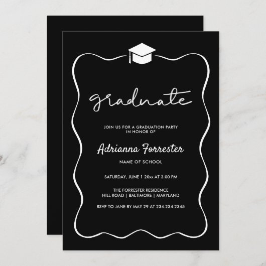 黒い卒業パーティーハットリボンフレーム 招待状 (正面/裏面)