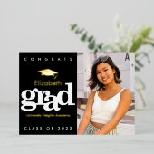 黒い卒業写真はっきりしたタイポグラフィ実在金ゴールド 箔招待状 (立ち正面)