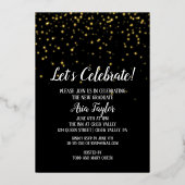 黒い卒業祝金ゴールドの紙吹雪 箔招待状 (正面)