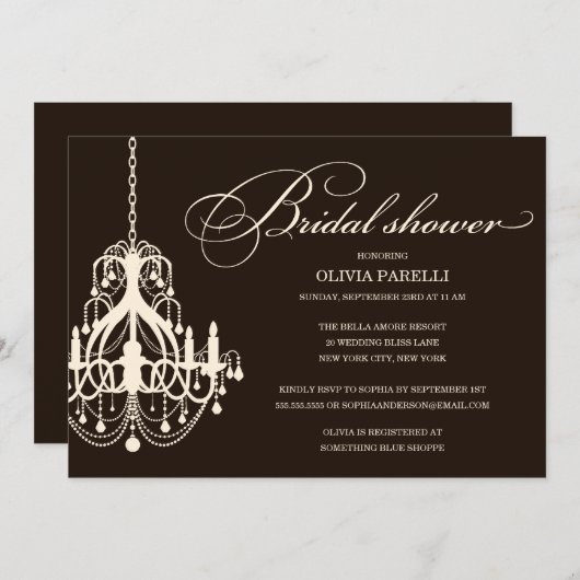 黒い及びクリーム色のシャンデリア%PIPE%のブライダルシャワーの招待 招待状 (正面/裏面)