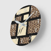 黒い及びクリーム色のヒョウのチータ色のブロックのカスタム ラウンド壁時計 (傾斜)