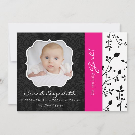 黒い及びショッキングピンクの誕生の発表 案内状 (正面)