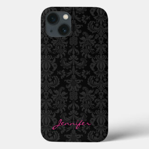 黒い及びダークグレーのヴィンテージの花柄のダマスク織 iPhone 13ケース