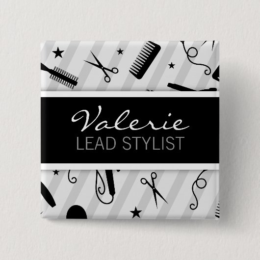 黒い及び灰色のヘアーサロンの名前入りの記章 缶バッジ (正面)