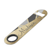 黒い及び灰色のモダンなGeoの金ゴールドの三角形のモノグラム スピード栓抜き (正面アングル)