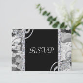 黒い及び白いバラ及びダイヤモンドの渦巻の結婚 出欠カード (スタンド正面)