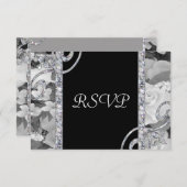 黒い及び白いバラ及びダイヤモンドの渦巻の結婚 出欠カード (正面/裏面)