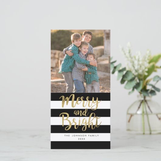 黒い及び白のストライプな"メリーで及び明るい"クリスマスの写真 シーズンカード (スタンド正面)