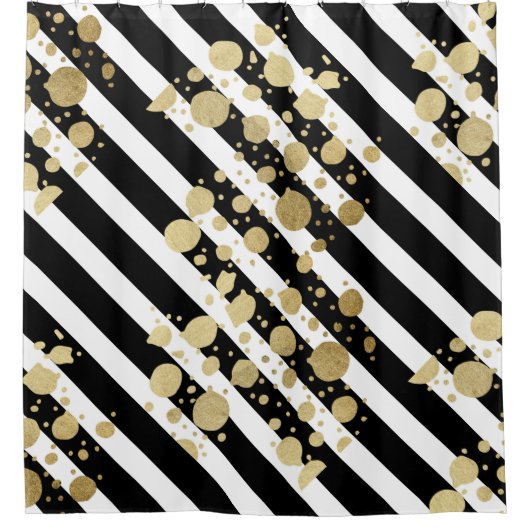 黒い及び白のストライプのフェイクな金ゴールドのペンキの(ばちゃばちゃ)跳ねる シャワーカーテン (正面)