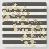 黒い及び白のストライプのフェイクな金ゴールドのペンキの（ばちゃばちゃ）跳ねる ストーンコースター (正面)