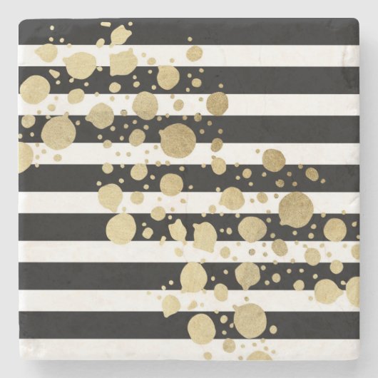 黒い及び白のストライプのフェイクな金ゴールドのペンキの(ばちゃばちゃ)跳ねる ストーンコースター (正面)
