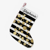 黒い及び白のストライプのフェイクな金ゴールドのペンキの(ばちゃばちゃ)跳ねる スモールクリスマスストッキング (正面 (吊り時))