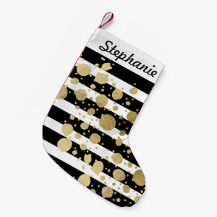 黒い及び白のストライプのフェイクな金ゴールドのペンキの（ばちゃばちゃ）跳ねる スモールクリスマスストッキング