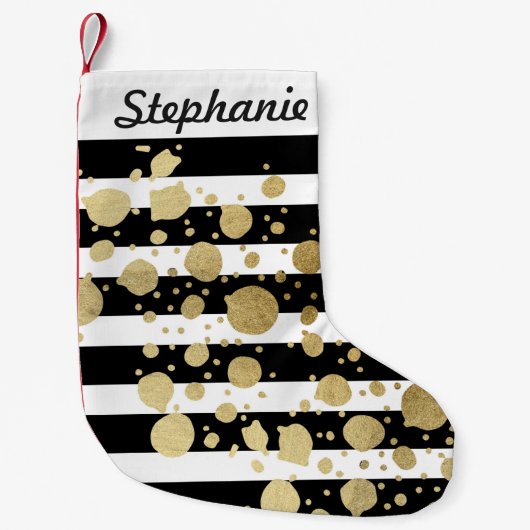 黒い及び白のストライプのフェイクな金ゴールドのペンキの(ばちゃばちゃ)跳ねる スモールクリスマスストッキング (正面)