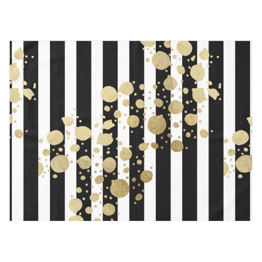 黒い及び白のストライプのフェイクな金ゴールドのペンキの（ばちゃばちゃ）跳ねる テーブルクロス (正面(横))