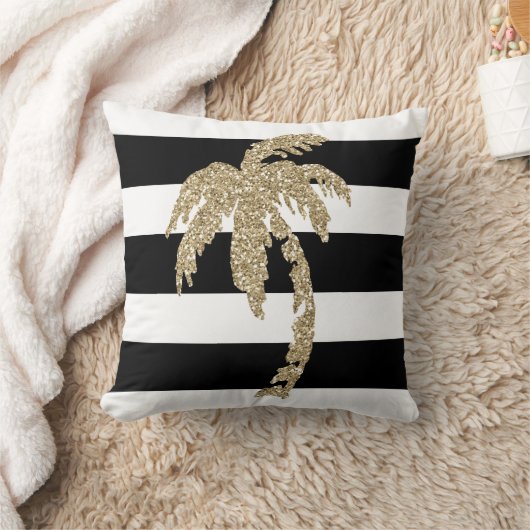 黒い及び白のストライプの枕の金ヤシの木 クッション (ブランケット)