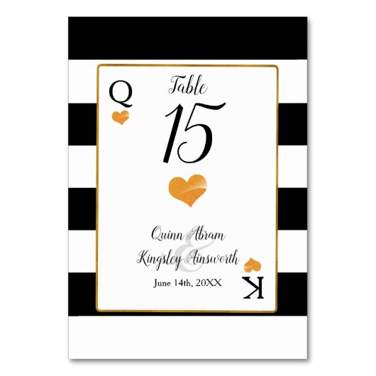 黒い及び白のストライプ|の金ゴールドのハートのテーブル数 テーブルナンバー (正面)