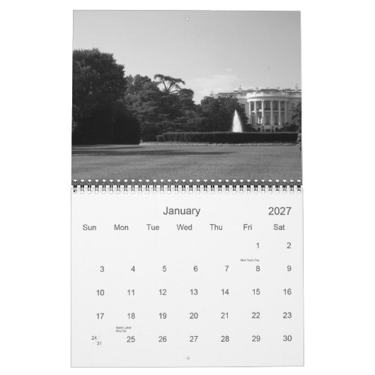 黒い及び白のWashington D.C. カレンダー (1月 2027)
