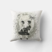 黒い及び白パーソナライズのかわいいチビ（小さくかわいく書いた感じ）の女の子 クッション (裏面)