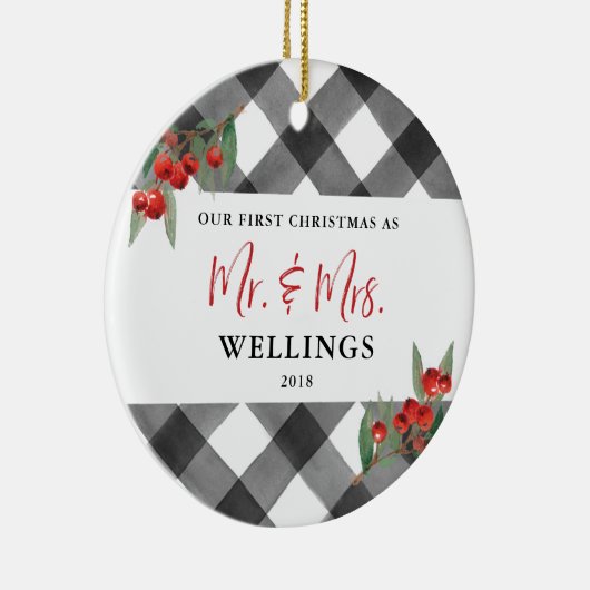 黒い及び白人のバッファローの格子縞の新婚者氏および夫人 セラミックオーナメント (右)