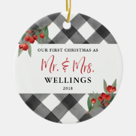 黒い及び白人のバッファローの格子縞の新婚者氏および夫人 セラミックオーナメント