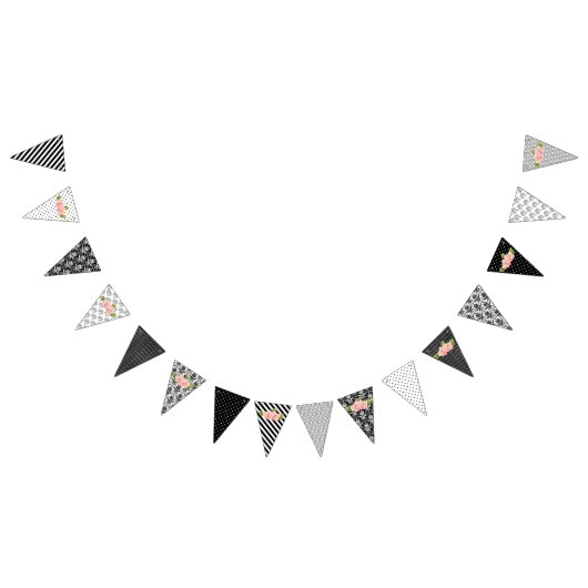 黒い及び白旗をバントするピンクの花を設計します バンティングフラッグ (全)