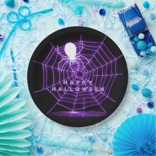 黒い及び紫色のハロウィンの蜘蛛の巣の紙皿 ペーパープレート (パーティー)