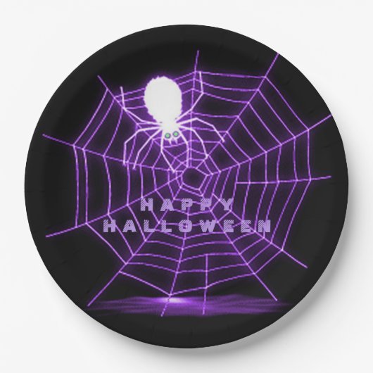 黒い及び紫色のハロウィンの蜘蛛の巣の紙皿 ペーパープレート (正面)