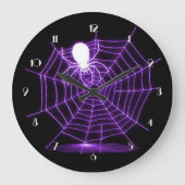黒い及び紫色のハロウィンの蜘蛛の巣 ラージ壁時計 (正面)