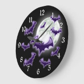 黒い及び紫色の満月のこうもり ラージ壁時計 (傾斜)