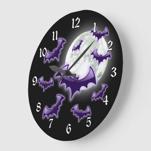 黒い及び紫色の満月のこうもり ラージ壁時計 (傾斜)