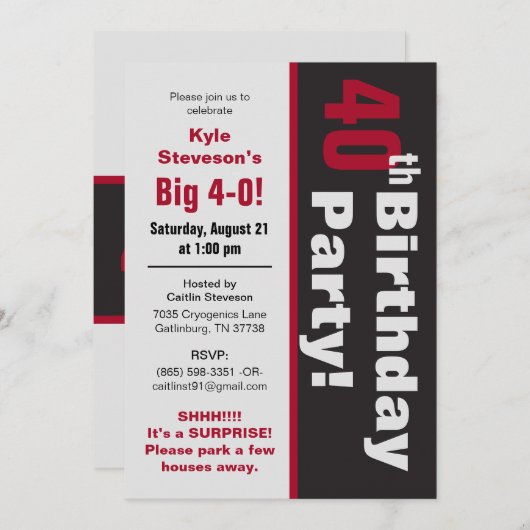 黒い及び赤の第40誕生会 招待状 (正面/裏面)