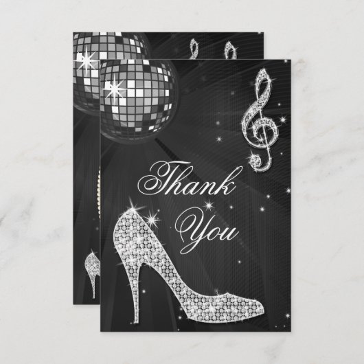 黒い及び銀製のディスコの球の輝きのかかとは感謝していしています サンキューカード (正面/裏面)