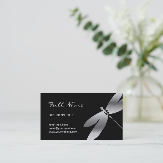 黒い及び銀製のトンボの名刺のデザイン 名刺 (スタンド正面)