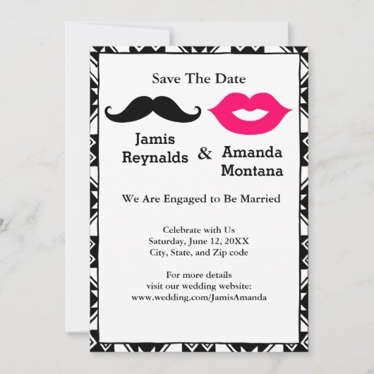 黒い口ひげとピンクの唇のカップルが日付を保存 招待状 (正面)