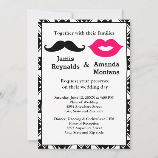黒い口ひげとピンクの唇カップルの結婚式の招待 招待状 (正面)