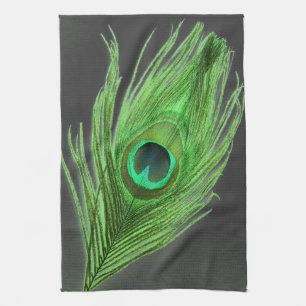 黒い台所タオルの緑の孔雀の羽 キッチンタオル