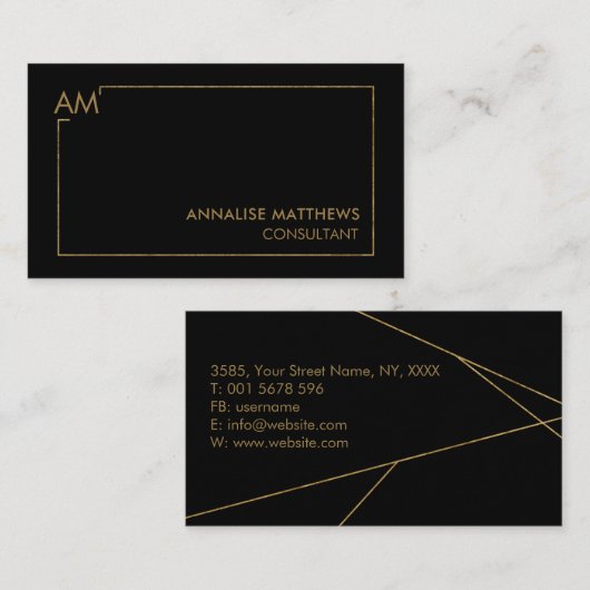 黒い名刺に金ゴールドの幾何学的な線を消去 名刺 (正面/裏面)