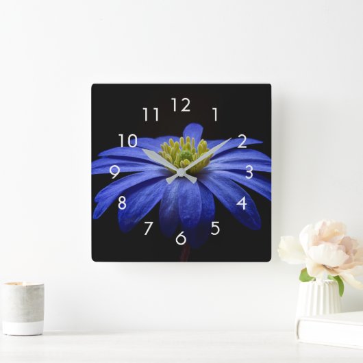 黒い壁掛けの青い花写真 スクエア壁時計 (ホーム)