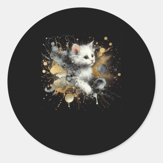 黒い夜のステッカーに入った猫 ラウンドシール (正面)