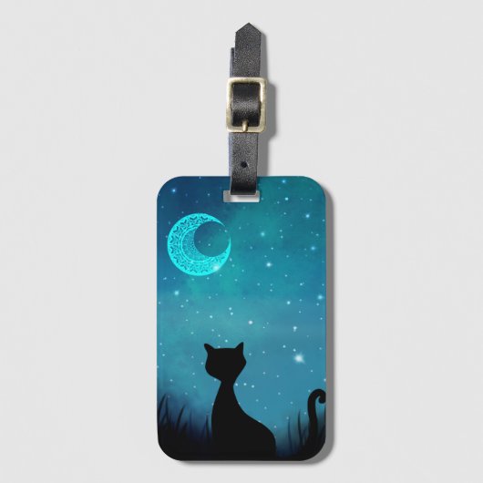 黒い夜の猫の現代イラスト輝く空 ラゲッジタグ (正面縦)
