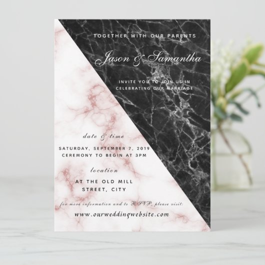 黒い大理石およびばら色の金ゴールドの珊瑚の結婚式 招待状 (スタンド正面)
