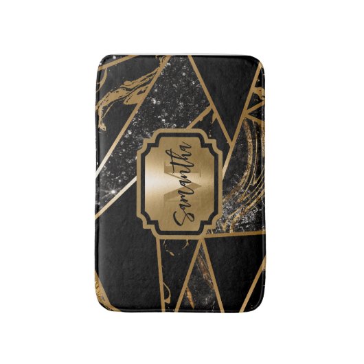 黒い大理石とグリッター幾何学的モザイク バスマット (正面縦)