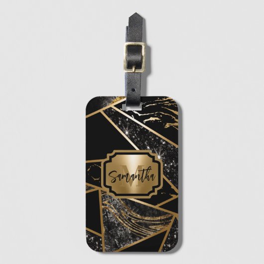 黒い大理石とグリッター幾何学的モザイク ラゲッジタグ (正面縦)