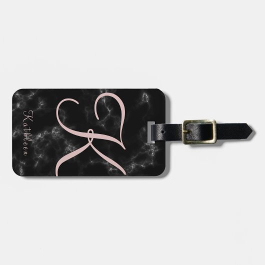 黒い大理石のばら色の金ゴールドのモノグラムのなイニシャル ラゲッジタグ (正面横)