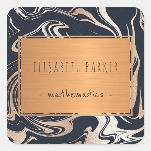 黒い大理石のバラ金ゴールドと銅ラベルあなたの名前 スクエアシール (正面)