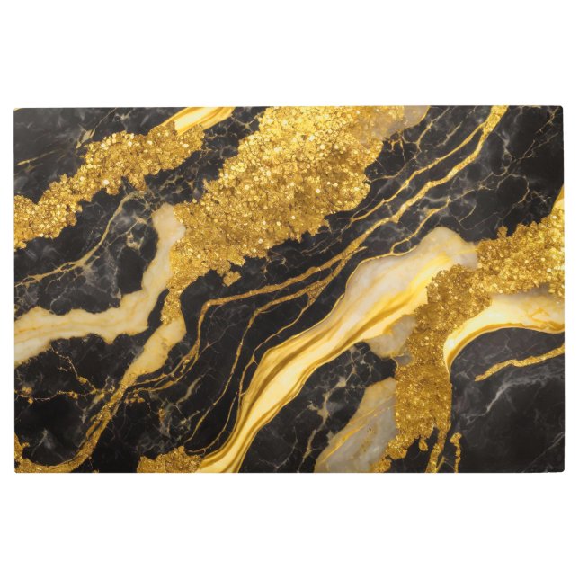 黒い大理石のパターン(金ゴールド) メタルプリント (正面)