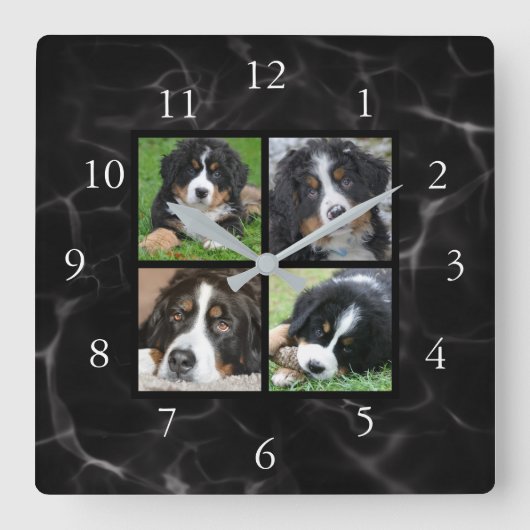 黒い大理石の家族の写真のコラージュを作成する スクエア壁時計 (正面)