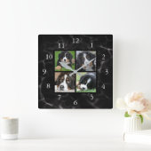 黒い大理石の家族の写真のコラージュを作成する スクエア壁時計 (ホーム)