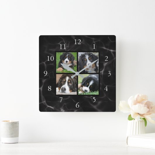 黒い大理石の家族の写真のコラージュを作成する スクエア壁時計 (ホーム)